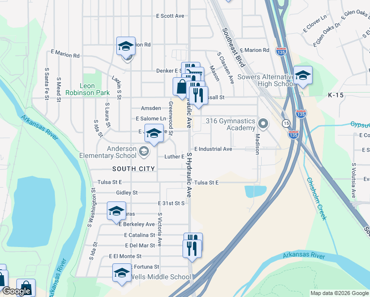 map of restaurants, bars, coffee shops, grocery stores, and more near 2917 South Hydraulic Avenue in Wichita