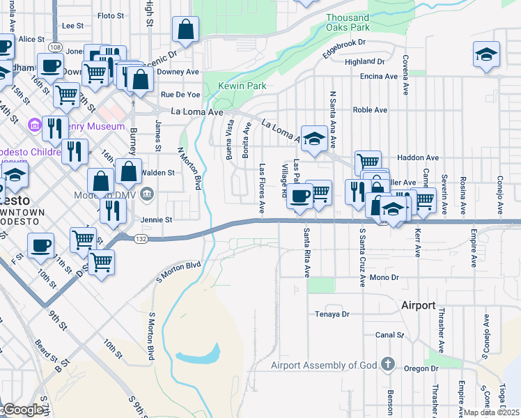 map of restaurants, bars, coffee shops, grocery stores, and more near 137 Las Flores Avenue in Modesto