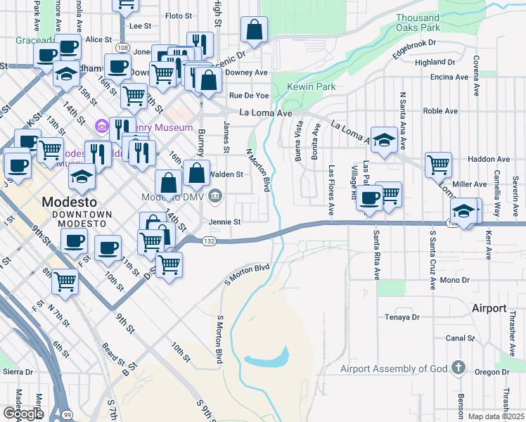 map of restaurants, bars, coffee shops, grocery stores, and more near 232 Kelley Street in Modesto