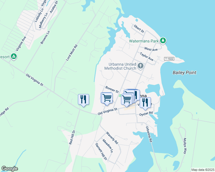map of restaurants, bars, coffee shops, grocery stores, and more near 211 Linden Avenue in Urbanna