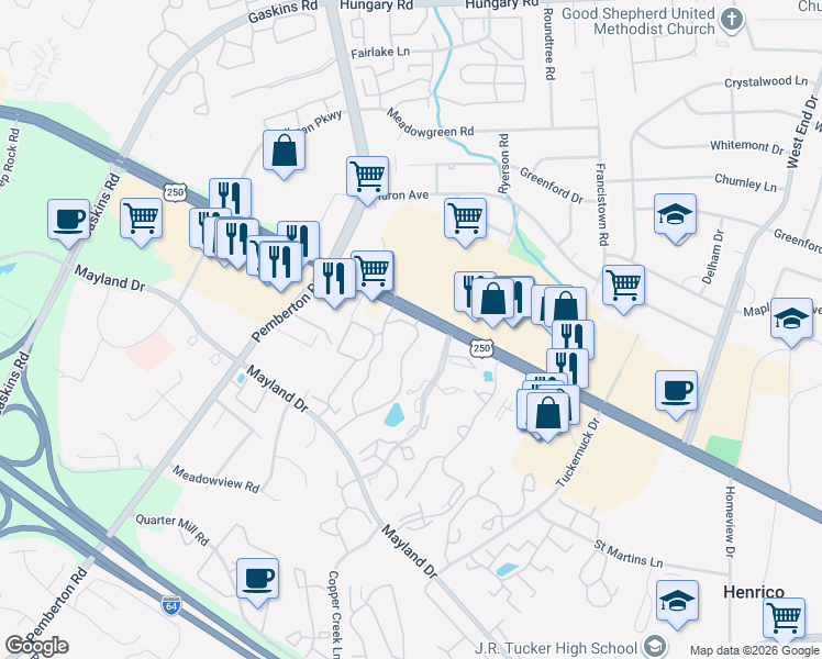 map of restaurants, bars, coffee shops, grocery stores, and more near 9435 West Broad Street in Henrico