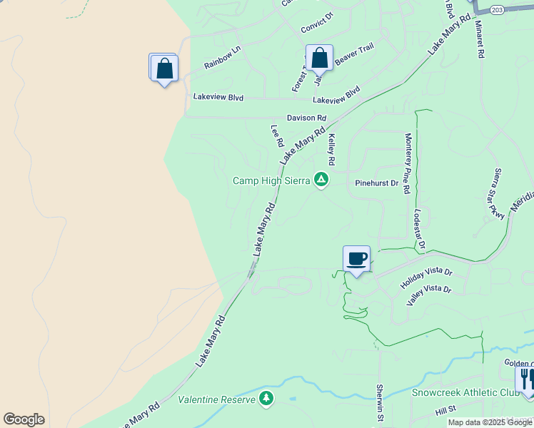 map of restaurants, bars, coffee shops, grocery stores, and more near 874 Lake Mary Road in Mammoth Lakes