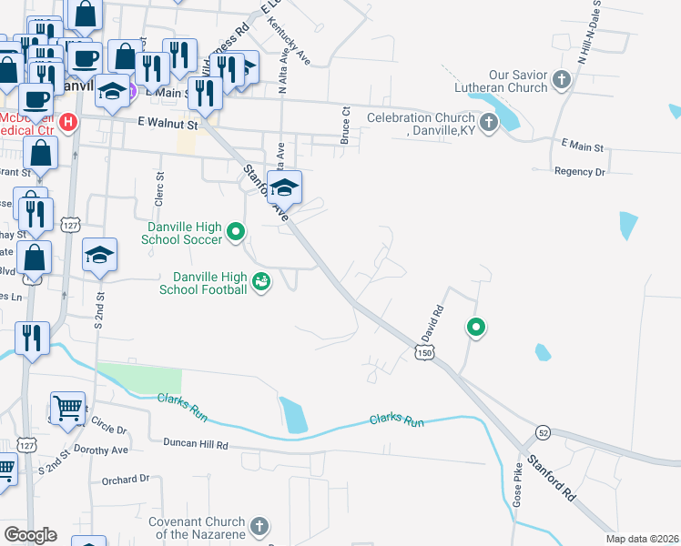 map of restaurants, bars, coffee shops, grocery stores, and more near 311 Stanford Ave in Danville