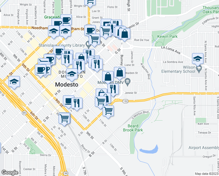map of restaurants, bars, coffee shops, grocery stores, and more near 502 14th Street in Modesto