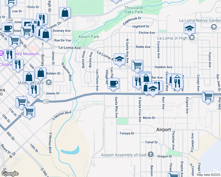 map of restaurants, bars, coffee shops, grocery stores, and more near 113 Las Palmas Avenue in Modesto
