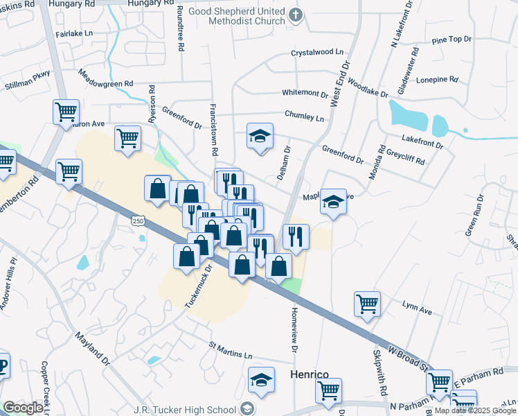 map of restaurants, bars, coffee shops, grocery stores, and more near 9111 Huron Avenue in Richmond