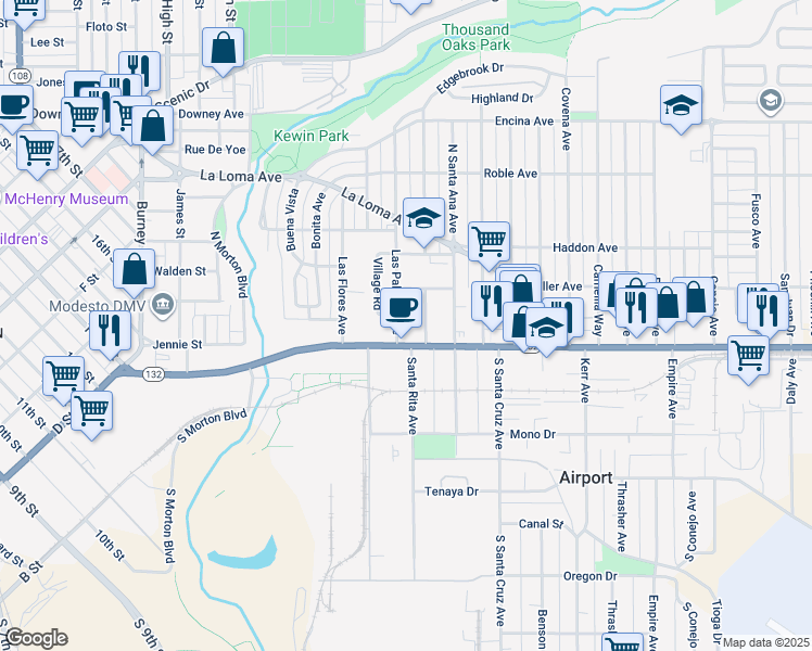 map of restaurants, bars, coffee shops, grocery stores, and more near 110 Las Palmas Avenue in Modesto
