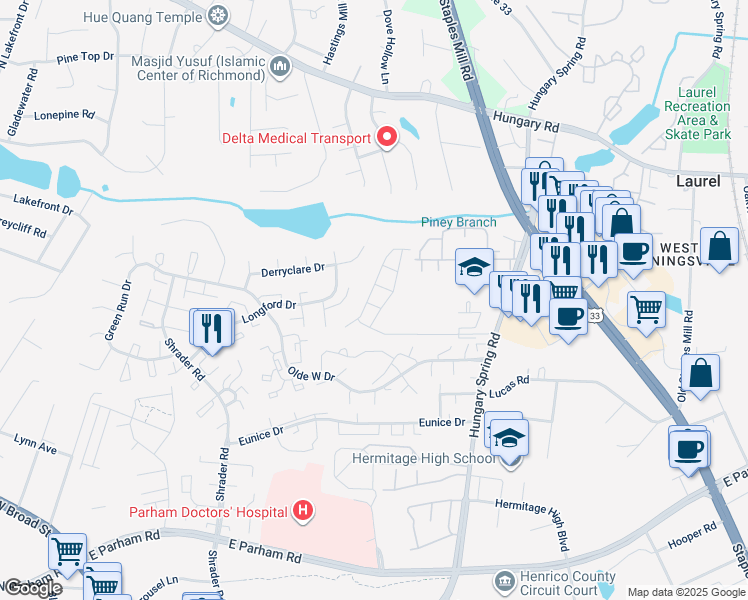 map of restaurants, bars, coffee shops, grocery stores, and more near 5508 Springwater Lane in Richmond