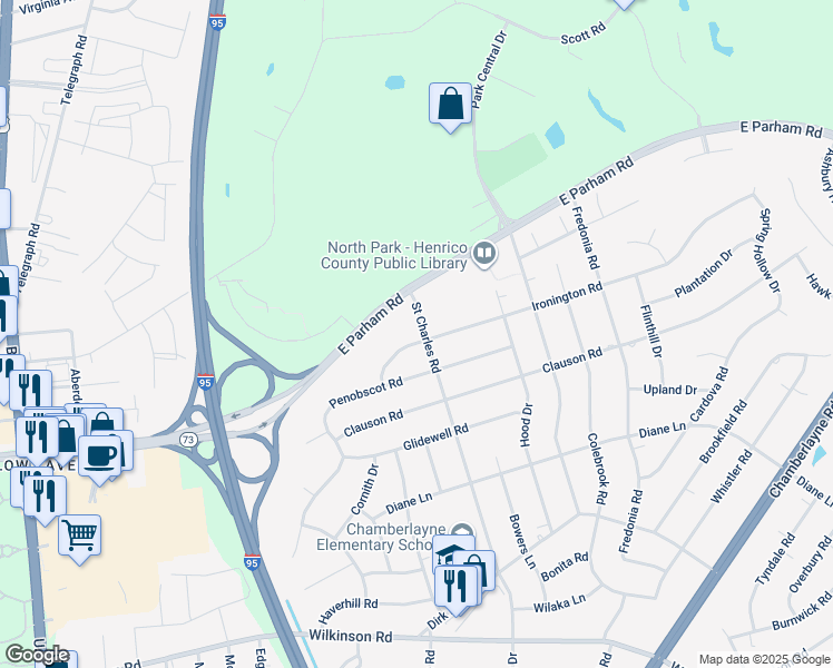 map of restaurants, bars, coffee shops, grocery stores, and more near 1100 Ironington Road in Richmond
