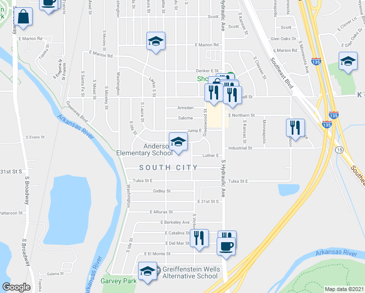 map of restaurants, bars, coffee shops, grocery stores, and more near 1407 East Donnell Street in Wichita