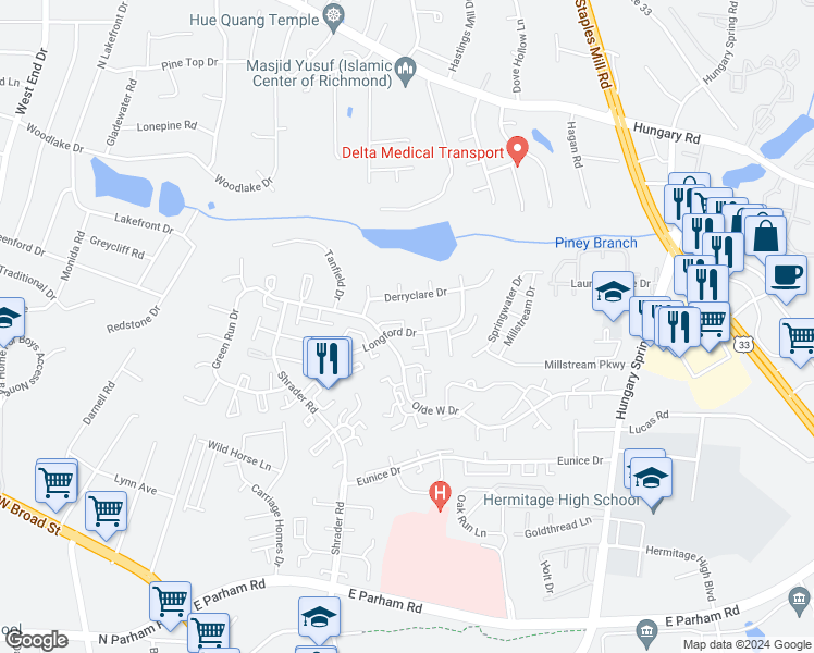 map of restaurants, bars, coffee shops, grocery stores, and more near 7608 Roscommon Court in Richmond