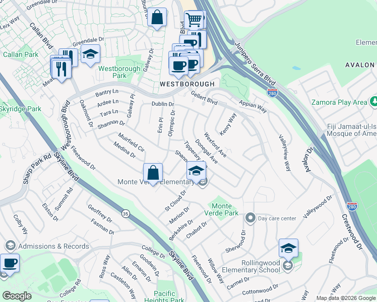 map of restaurants, bars, coffee shops, grocery stores, and more near 2440 Tipperary Avenue in South San Francisco