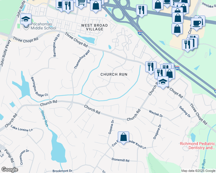 map of restaurants, bars, coffee shops, grocery stores, and more near 11220 Eastborough Court in Richmond
