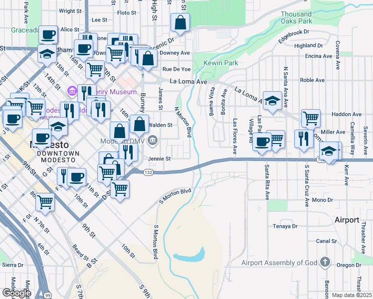 map of restaurants, bars, coffee shops, grocery stores, and more near 232 Kelley Street in Modesto