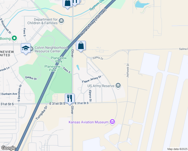 map of restaurants, bars, coffee shops, grocery stores, and more near 2943 George Washington Boulevard in Wichita