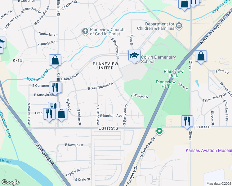 map of restaurants, bars, coffee shops, grocery stores, and more near 2929 S Davidson St in Wichita