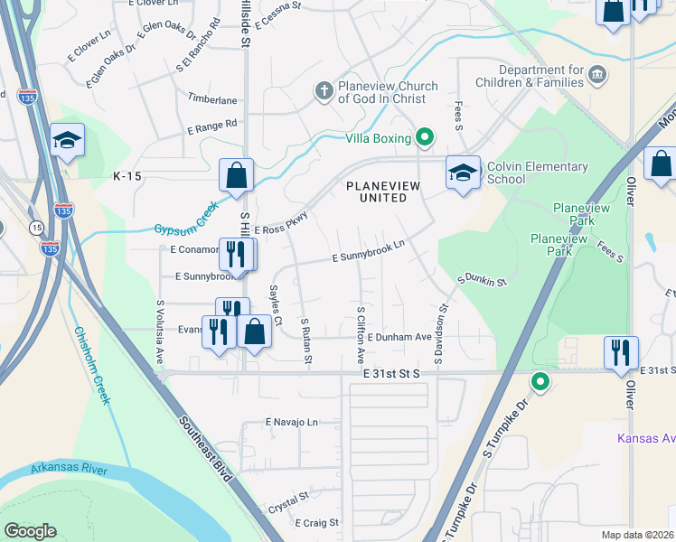map of restaurants, bars, coffee shops, grocery stores, and more near 3502 East Sunnybrook Street in Wichita