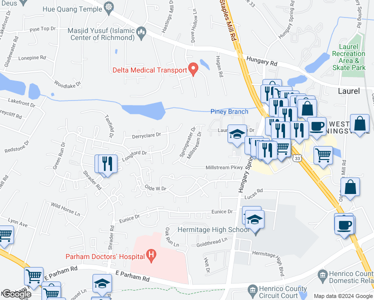 map of restaurants, bars, coffee shops, grocery stores, and more near 5508 Springwater Lane in Richmond