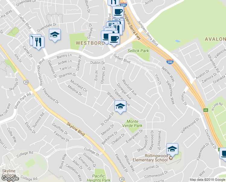 map of restaurants, bars, coffee shops, grocery stores, and more near 2440 Tipperary Avenue in South San Francisco
