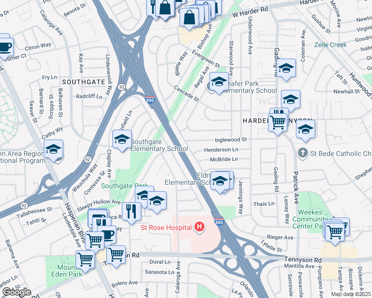 map of restaurants, bars, coffee shops, grocery stores, and more near 26623 Eldridge Avenue in Hayward