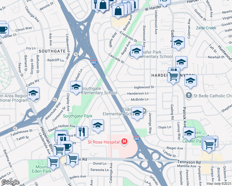 map of restaurants, bars, coffee shops, grocery stores, and more near 26623 Eldridge Avenue in Hayward