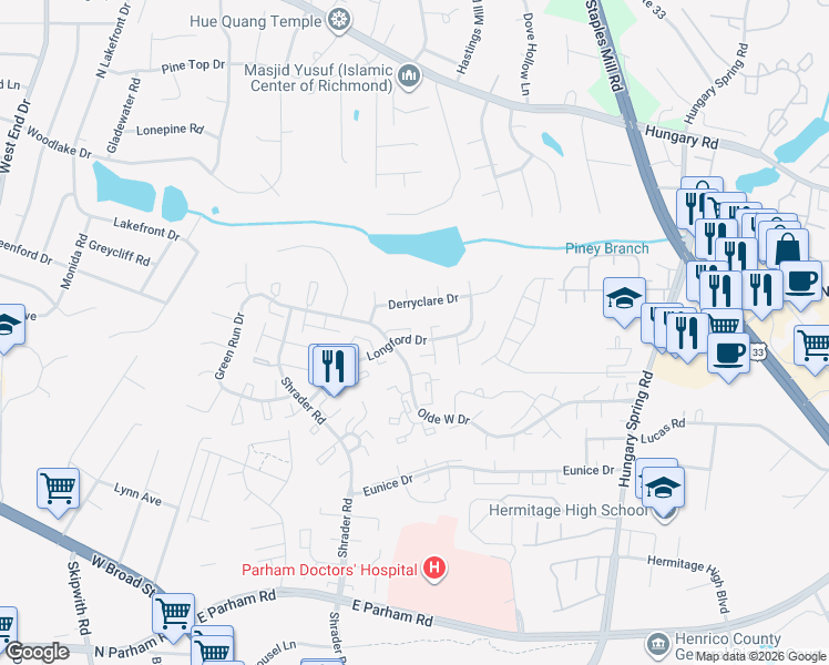 map of restaurants, bars, coffee shops, grocery stores, and more near 7613 Derryclare Drive in Richmond