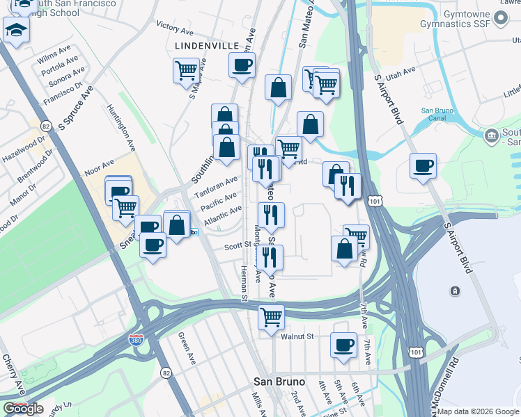 map of restaurants, bars, coffee shops, grocery stores, and more near 1212 Montgomery Avenue in San Bruno
