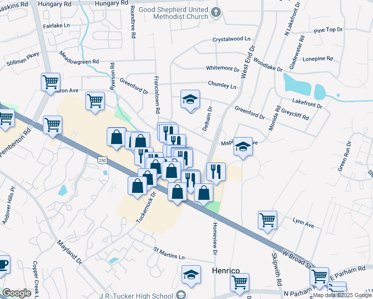map of restaurants, bars, coffee shops, grocery stores, and more near 9113 Huron Avenue in Richmond
