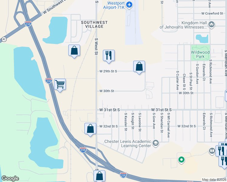 map of restaurants, bars, coffee shops, grocery stores, and more near 3800 W 30th Street South in Wichita