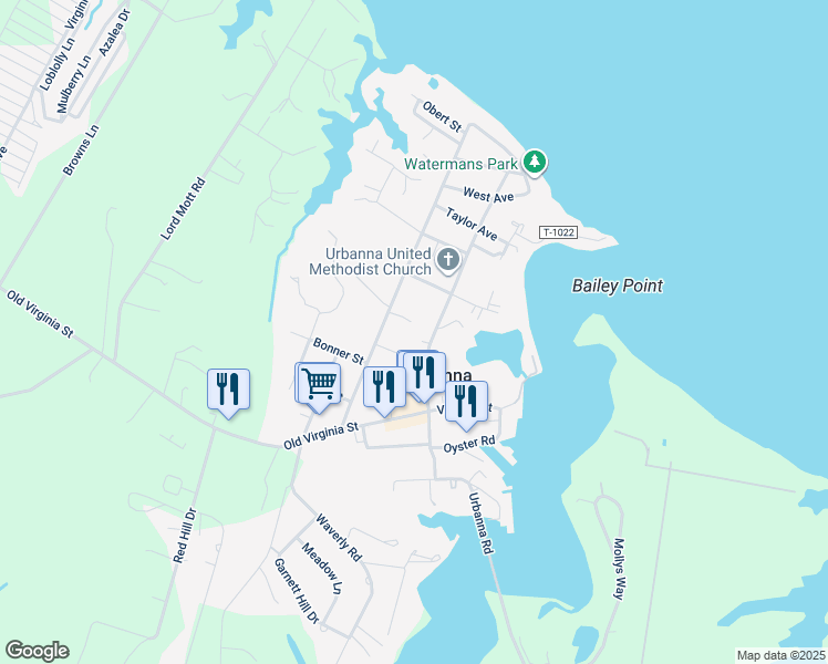 map of restaurants, bars, coffee shops, grocery stores, and more near 250 Red Cedar Lane in Urbanna