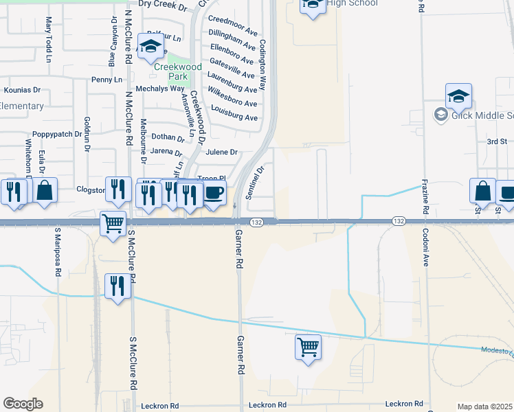 map of restaurants, bars, coffee shops, grocery stores, and more near 3901 Westfall Lane in Modesto