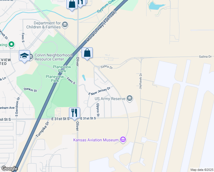 map of restaurants, bars, coffee shops, grocery stores, and more near 2943 George Washington Boulevard in Wichita