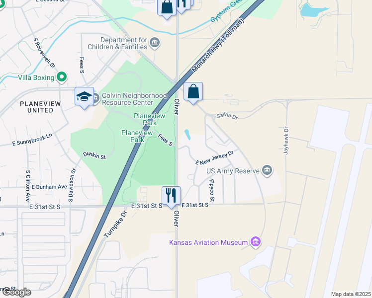 map of restaurants, bars, coffee shops, grocery stores, and more near 2900 Oliver in Wichita