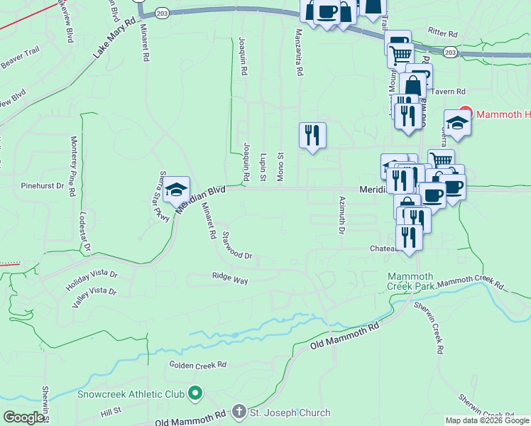 map of restaurants, bars, coffee shops, grocery stores, and more near 217 Starwood Drive in Mammoth Lakes