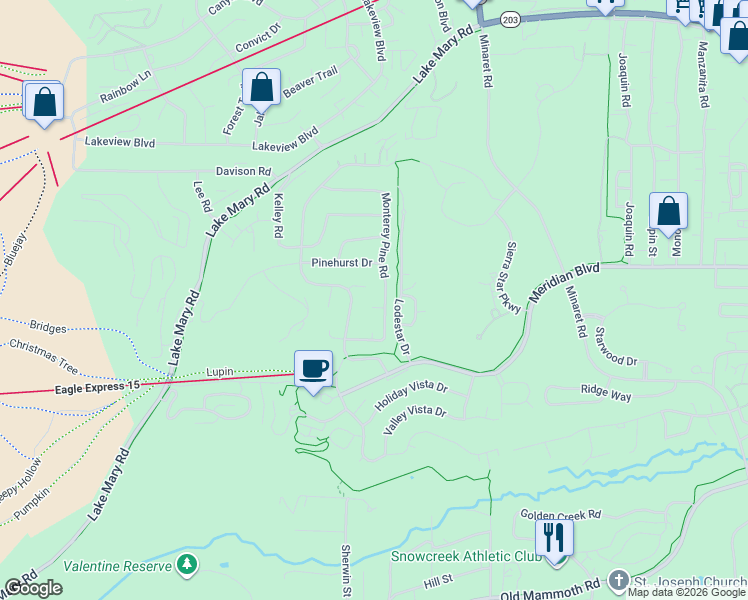 map of restaurants, bars, coffee shops, grocery stores, and more near 372 Monterey Pine Road in Mammoth Lakes