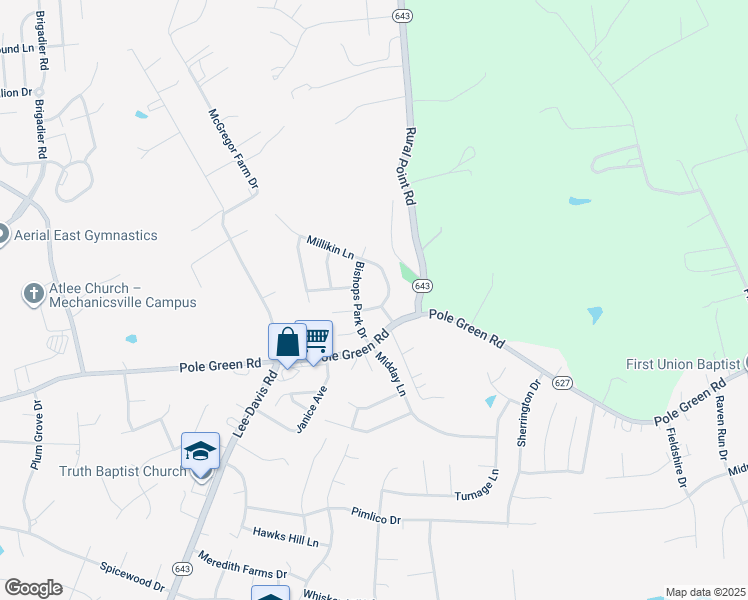 map of restaurants, bars, coffee shops, grocery stores, and more near 8451 Clarynton Lane in Mechanicsville