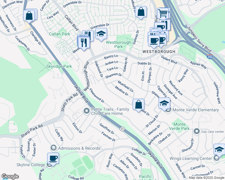 map of restaurants, bars, coffee shops, grocery stores, and more near 3040 Oakmont Drive in San Bruno