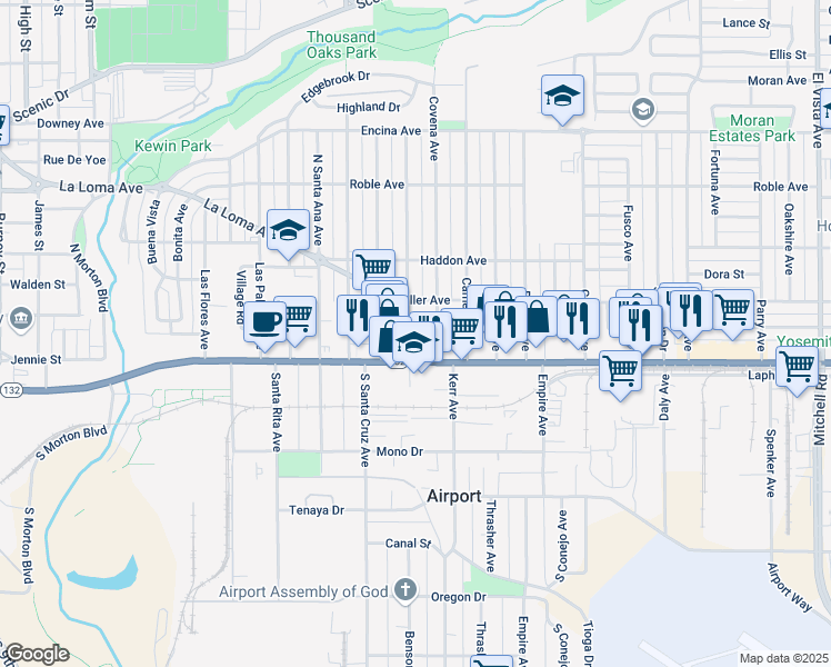 map of restaurants, bars, coffee shops, grocery stores, and more near 1315 La Loma Avenue in Modesto