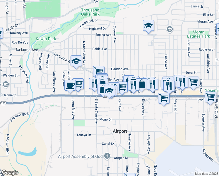 map of restaurants, bars, coffee shops, grocery stores, and more near 1315 La Loma Avenue in Modesto