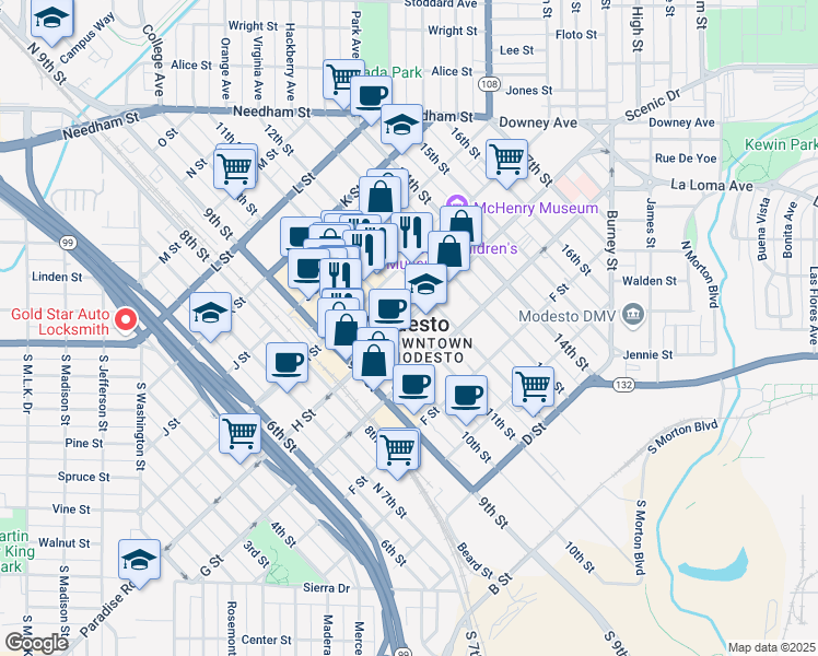 map of restaurants, bars, coffee shops, grocery stores, and more near in Modesto