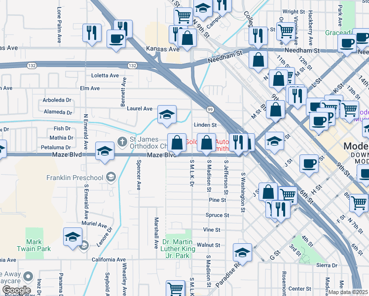 map of restaurants, bars, coffee shops, grocery stores, and more near 426 Locust Street in Modesto