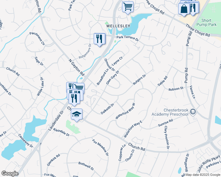map of restaurants, bars, coffee shops, grocery stores, and more near 12105 Glen Gary Circle in Richmond