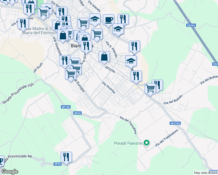 map of restaurants, bars, coffee shops, grocery stores, and more near 15 Via Avellino in Biancavilla