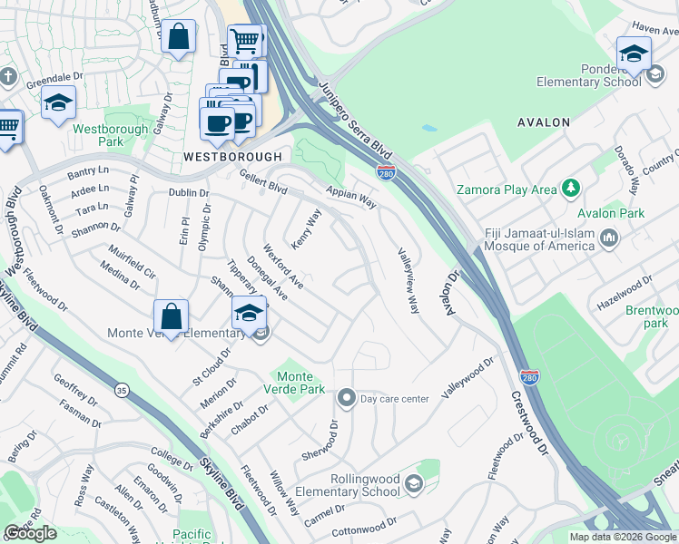 map of restaurants, bars, coffee shops, grocery stores, and more near 2220 Delvin Way in South San Francisco