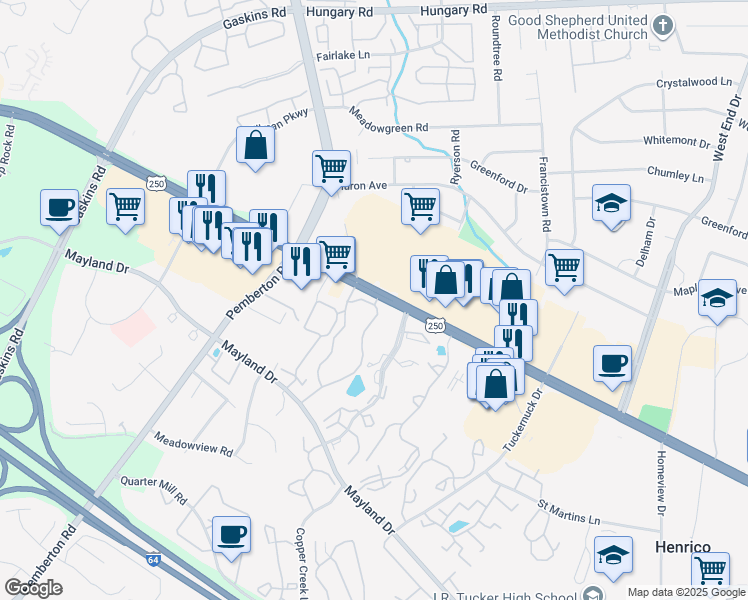 map of restaurants, bars, coffee shops, grocery stores, and more near 9435 West Broad Street in Henrico