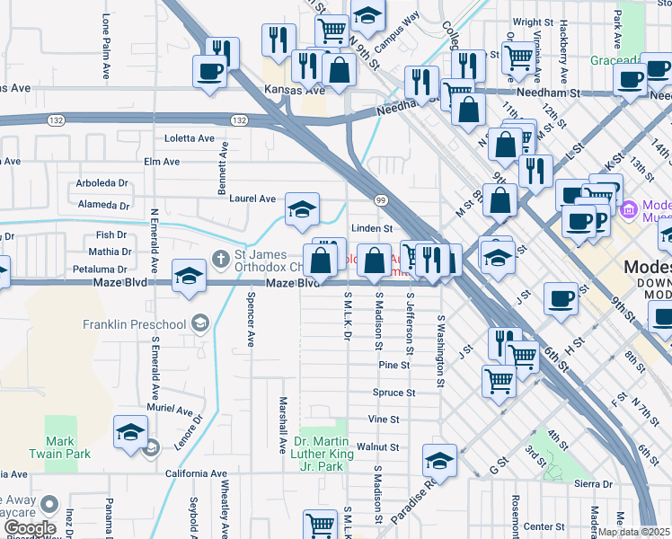 map of restaurants, bars, coffee shops, grocery stores, and more near 426 Locust Street in Modesto
