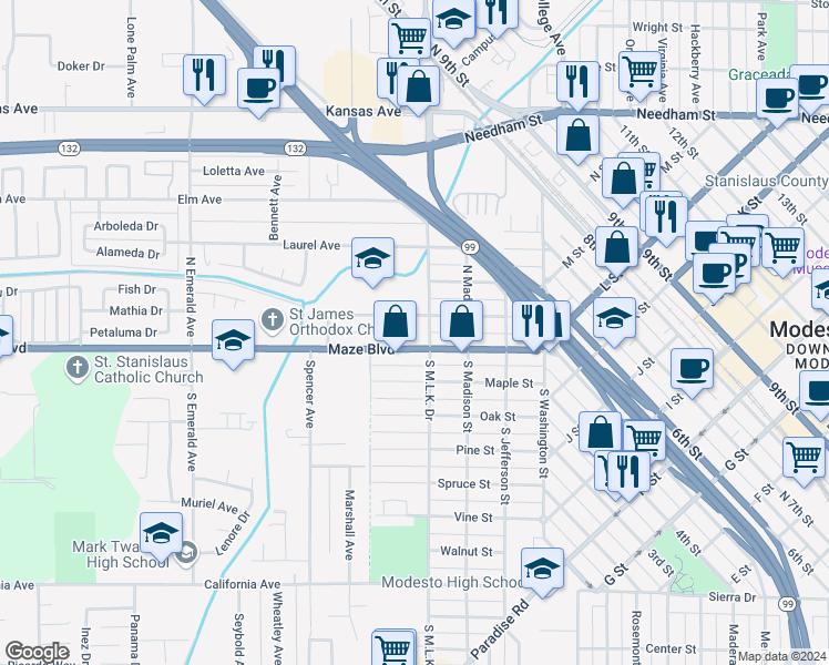 map of restaurants, bars, coffee shops, grocery stores, and more near 426 Locust Street in Modesto