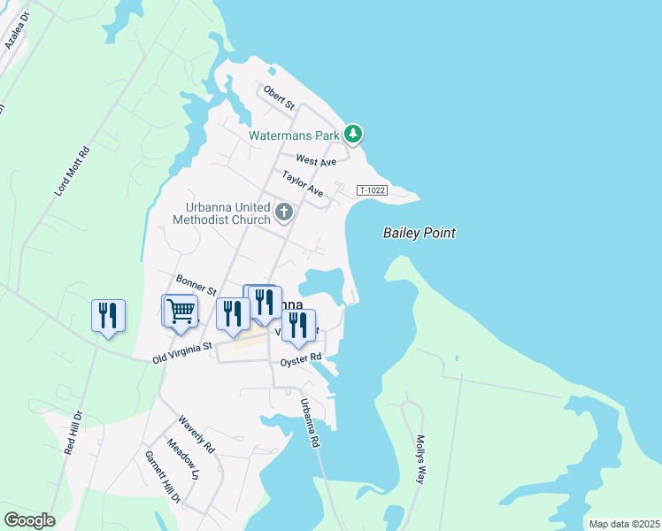 map of restaurants, bars, coffee shops, grocery stores, and more near 120 Marston Avenue in Urbanna