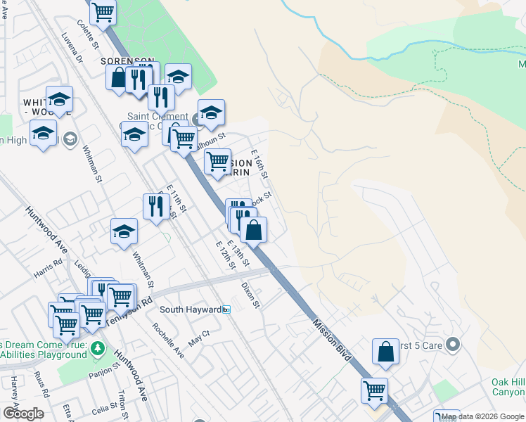 map of restaurants, bars, coffee shops, grocery stores, and more near 853 Hancock Street in Hayward