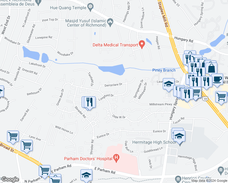 map of restaurants, bars, coffee shops, grocery stores, and more near 7608 Roscommon Court in Richmond